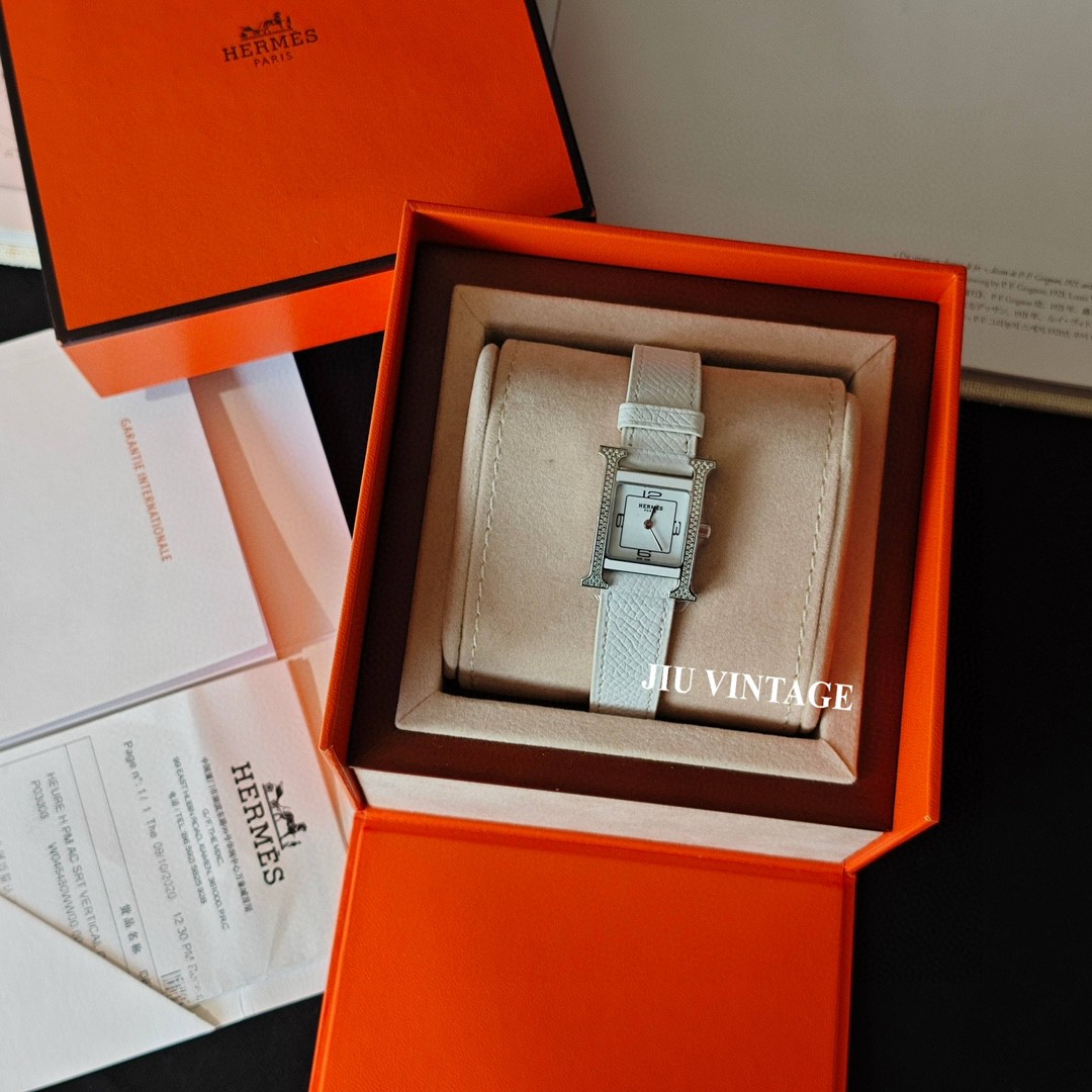 99新 Hermes/爱马仕 H镶钻女士石英腕表盒子说明书票据 JM12-1250
