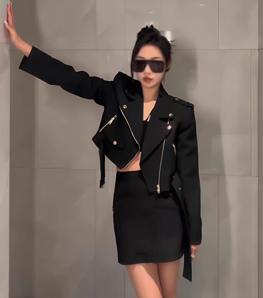 【晨浠定制】韩版气质拉链外套百搭腰带酷飒短夹克8830