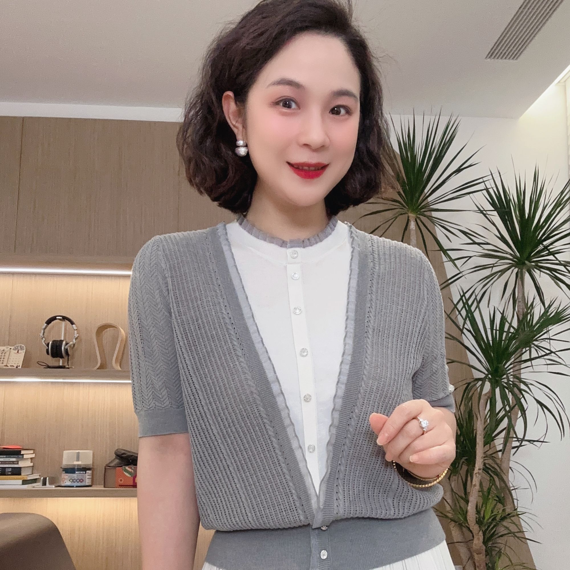 立领假两件针织套头衫夏季设计师蕾丝气质洋气#24030