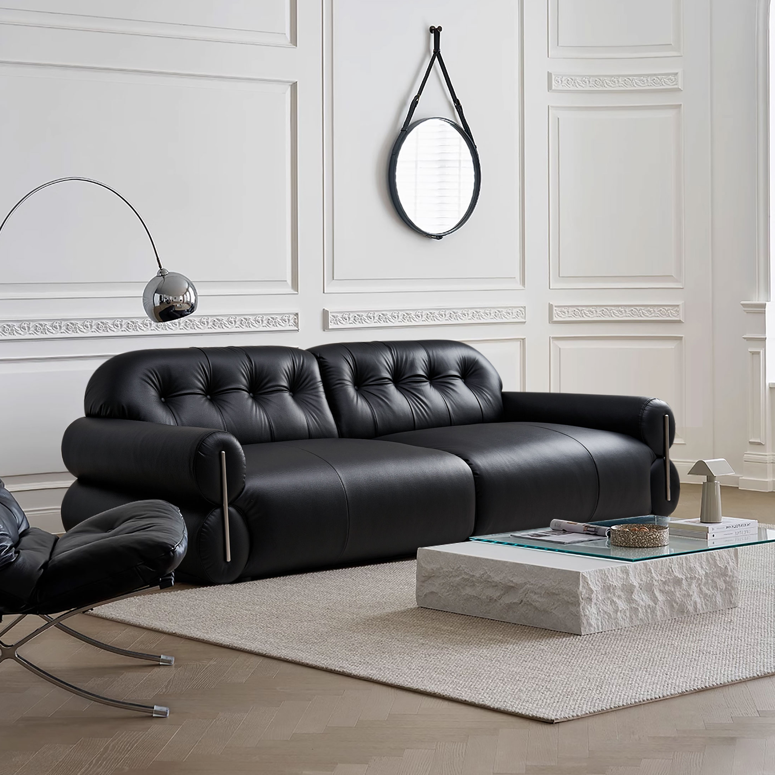 宅写法式复古轻奢黑糖云朵真皮沙发中古黑色头层牛皮直排美式皮艺