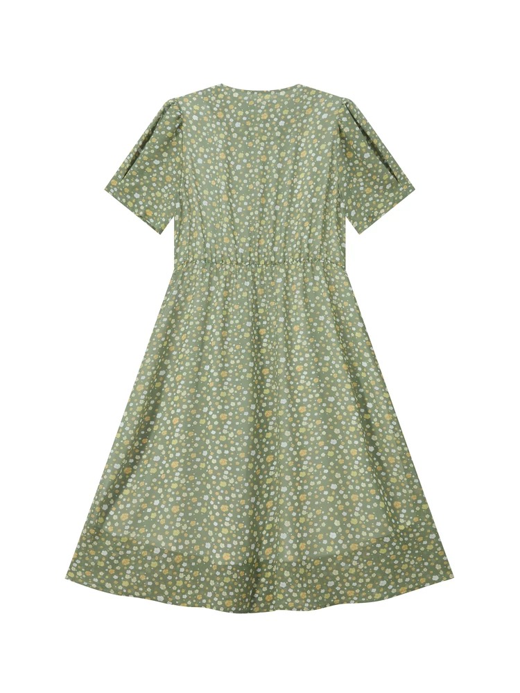 闪闪兒少女风夏季通勤风连衣裙印花绿色女士复古碎花连衣裙6021
