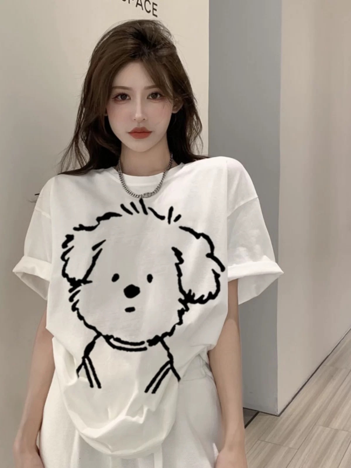 短袖休闲ins印花卡通动漫中长款韩系ins褶皱T恤白色