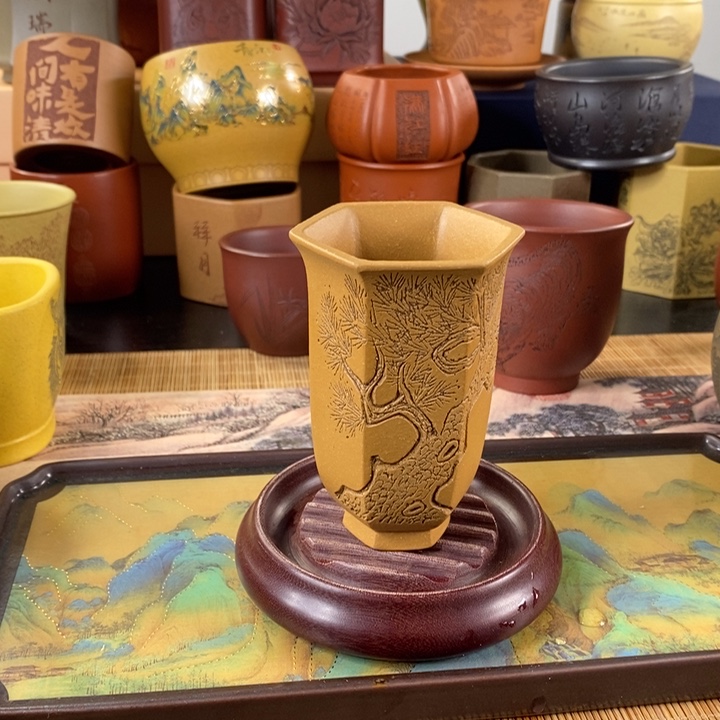 紫砂茶杯手工松树杯