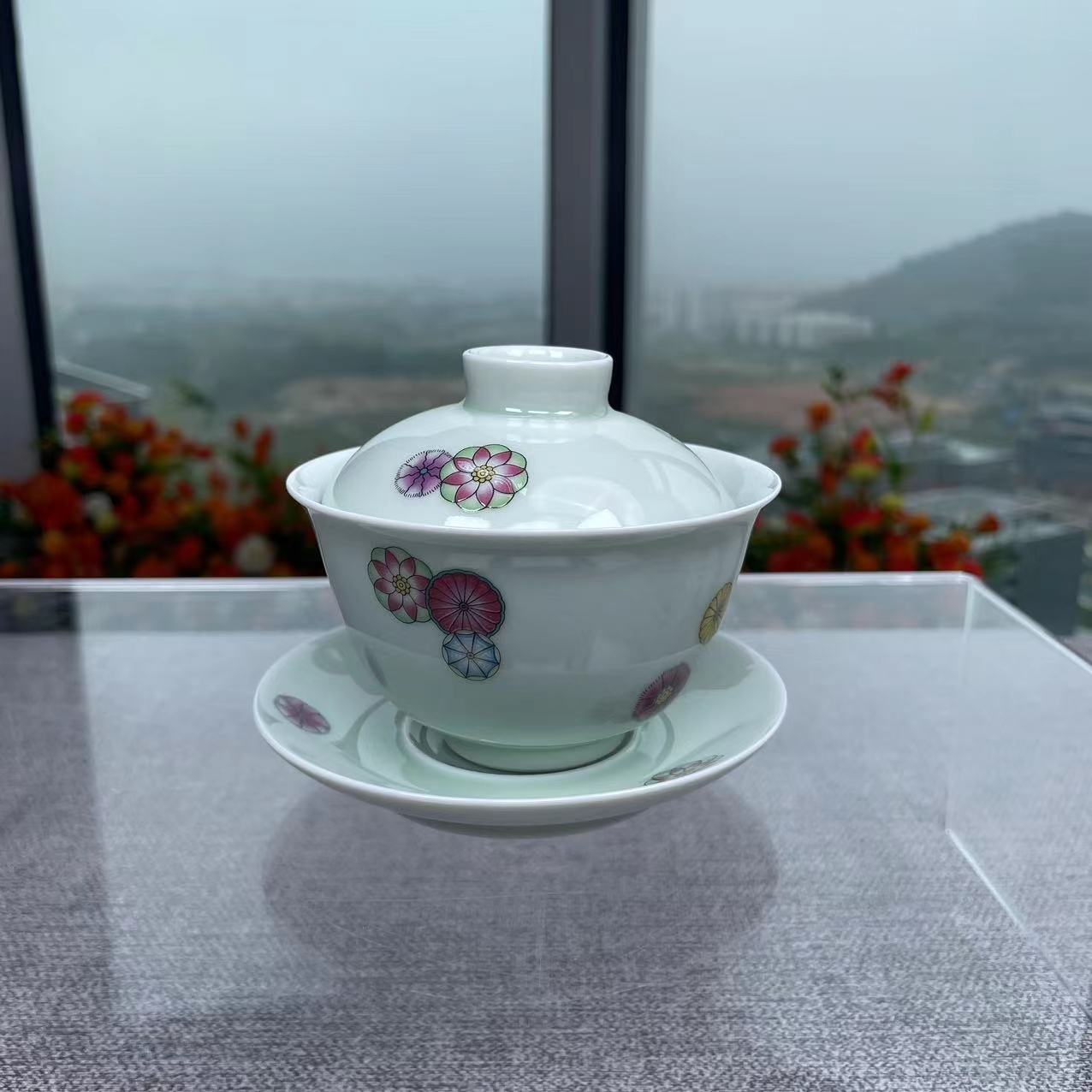 皮球花白瓷三才盖碗@879（lf）