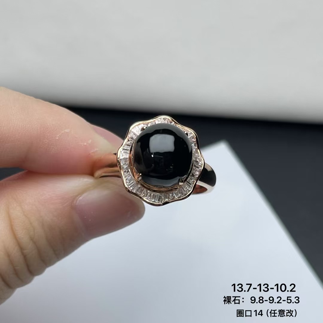 18K玫瑰金镶嵌墨翠高品质女戒钢琴黑老种老料