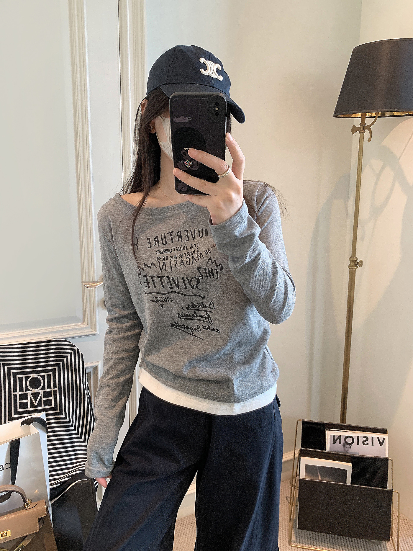 长袖打底衫女印花新款秋季女装时尚假两件一字领露肩t恤上衣女潮