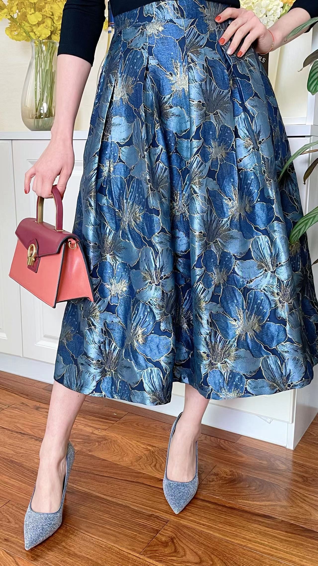 [西湖诗语]2025年半身裙提花中长裙夏季高腰大摆A字裙