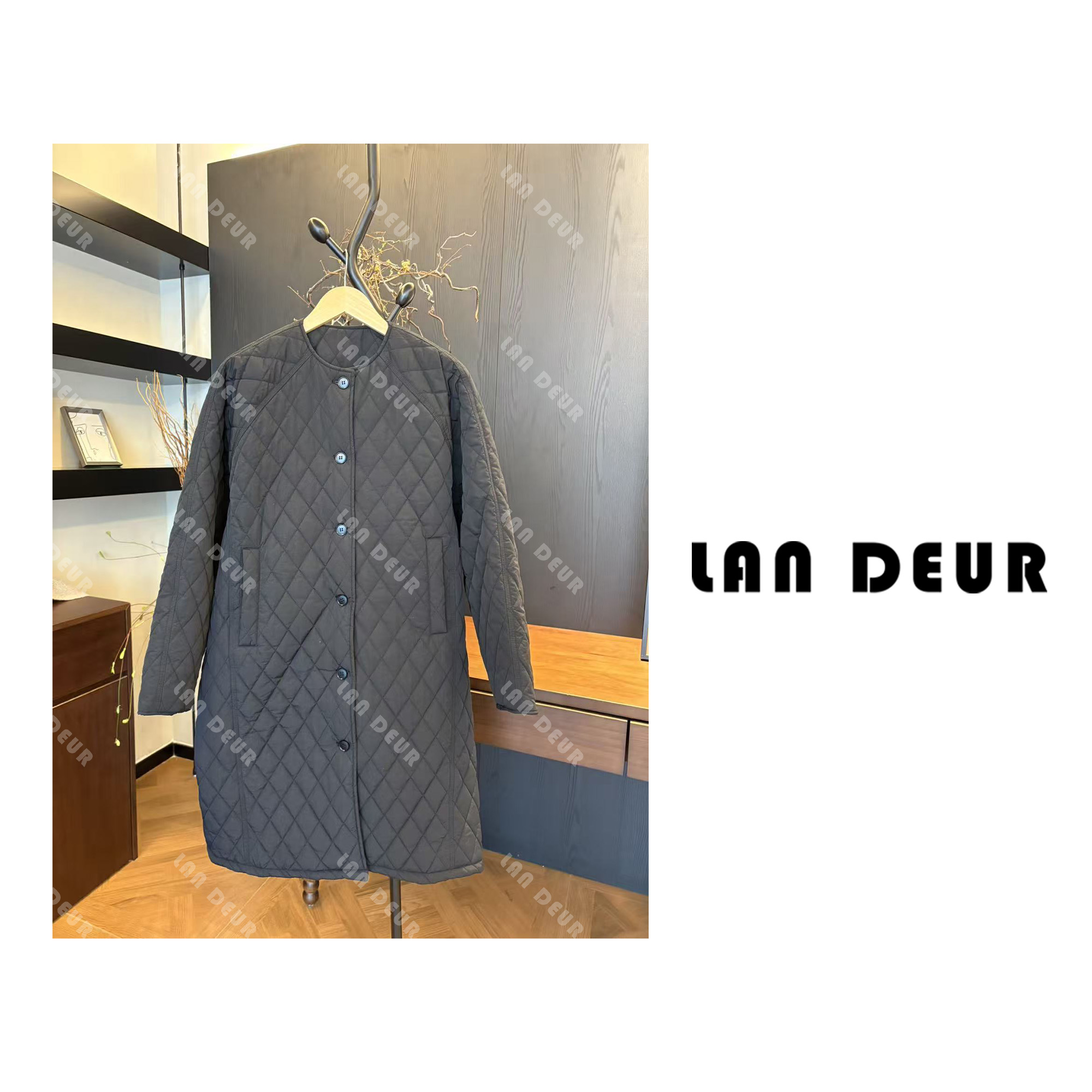 JIUJIU【繁华织梦】时尚百搭慵懒风宽松加厚格纹圆领长款棉服外套