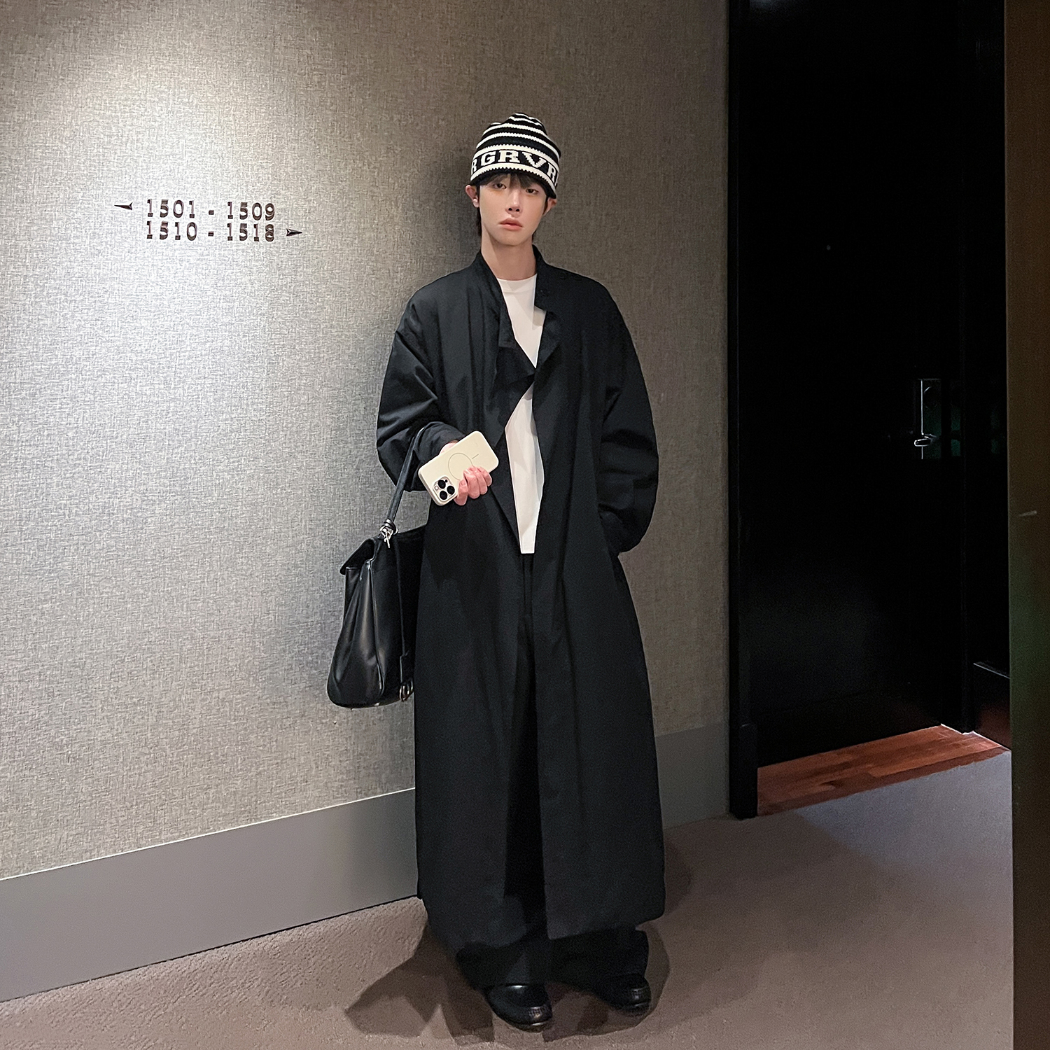 高林凡 韩版纯色立领设计感宽松过膝中长款风衣大衣男外套