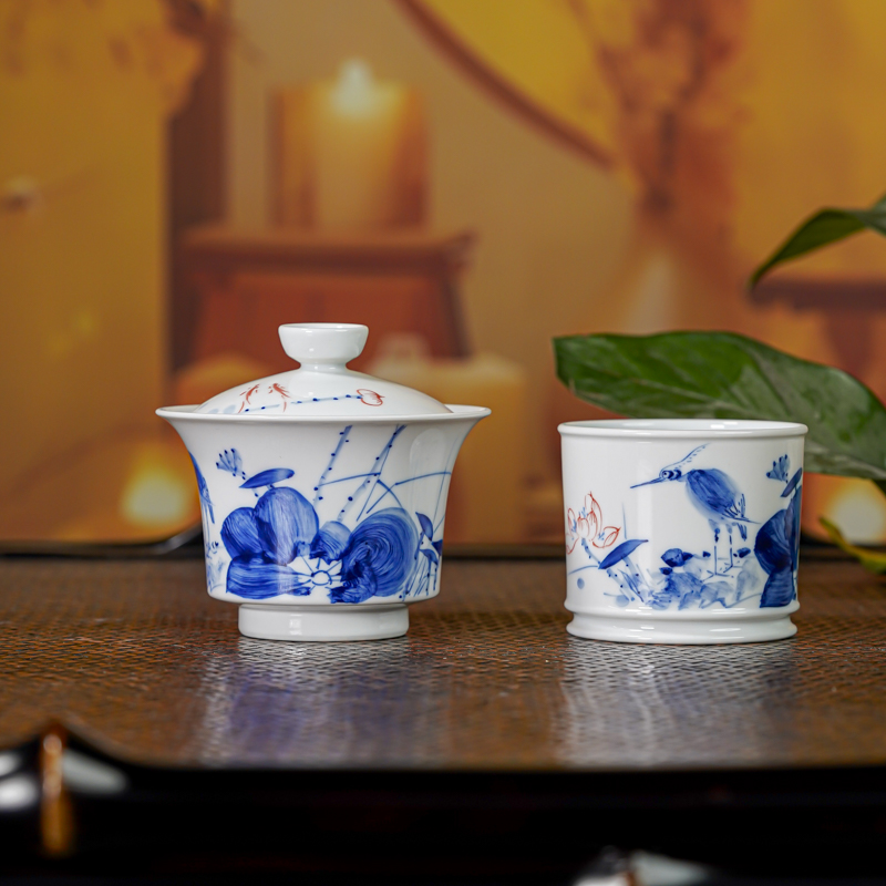 墨舍柴窑一鹭莲科马蹄盖碗直口杯纯手工手绘茶具景德镇陶瓷