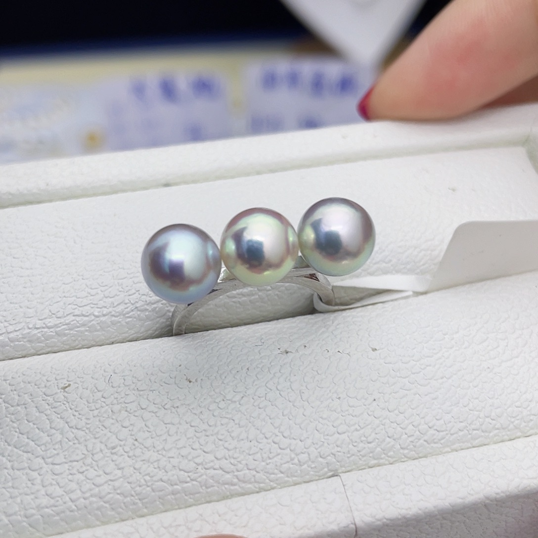 海水珍珠戒指银S925镶嵌8-8.5AKOYA