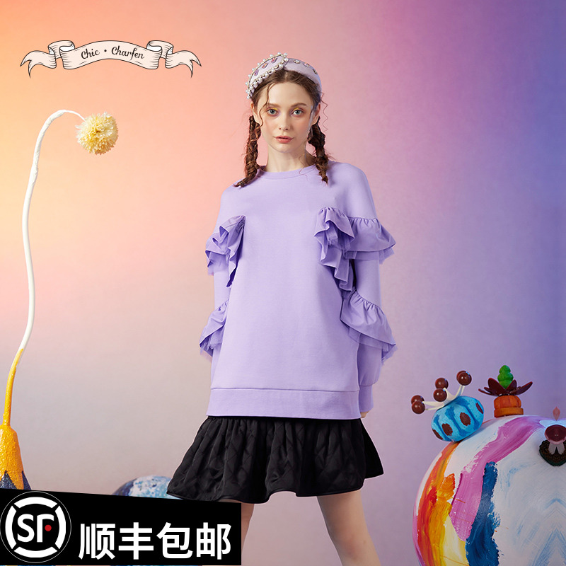 【王王精选】朝峰秋季荷叶边拼接圆领套头宽松卫衣CFD3C527-5051B