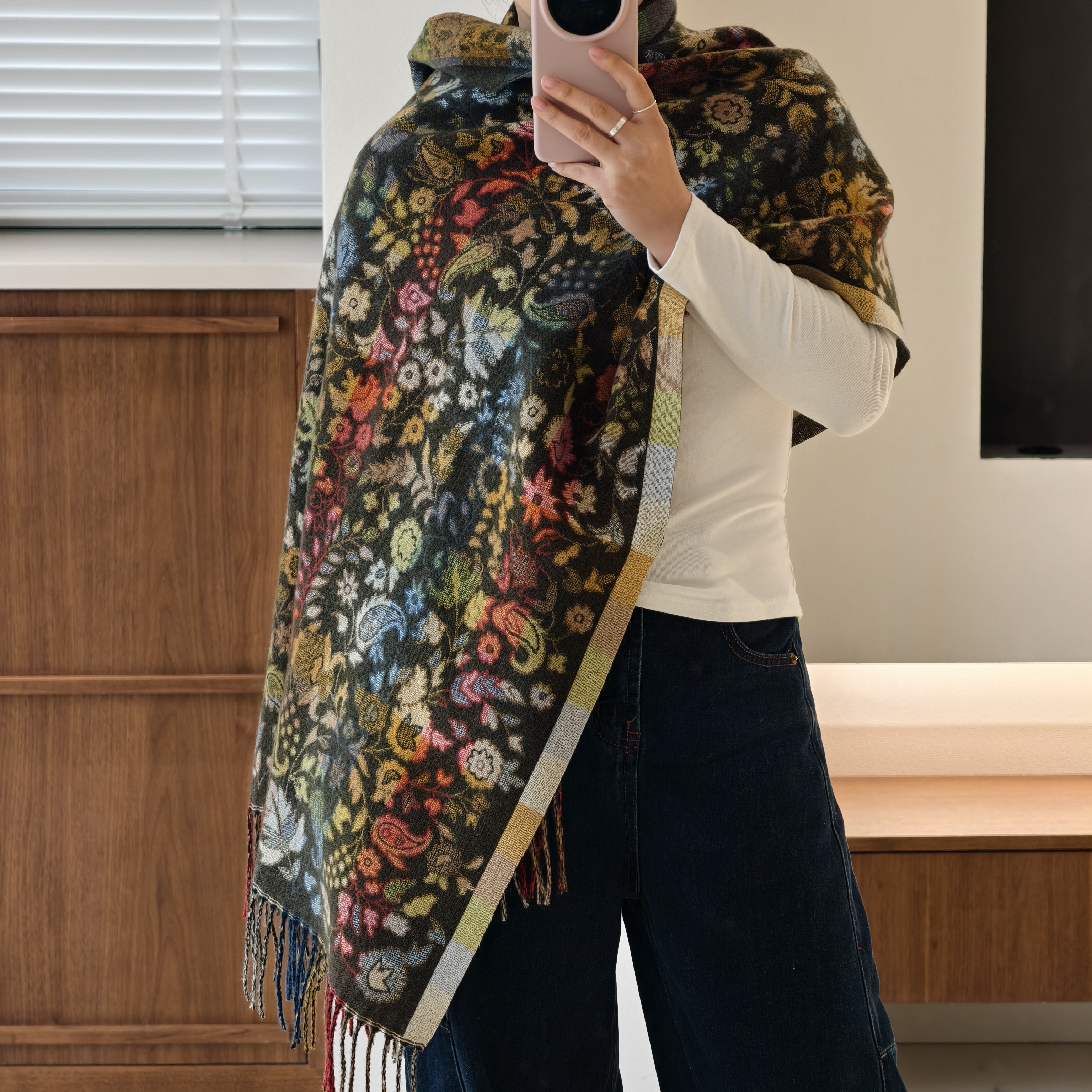 秋冬民族风腰果花提花女法式百搭多功能气质围巾披肩