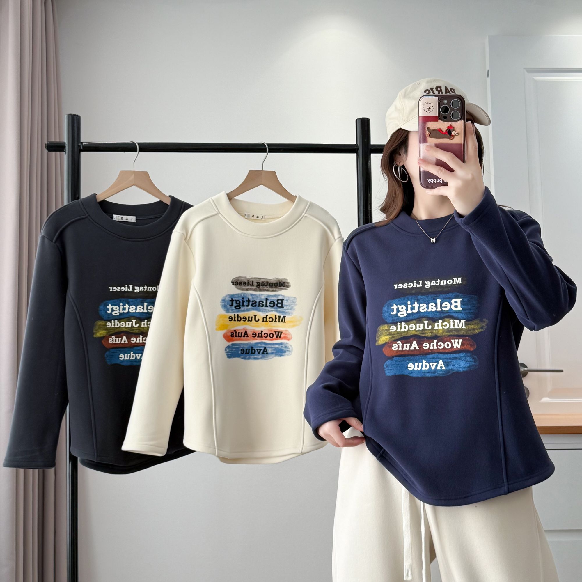 CC大码冬季加绒加厚拼接复古港风圆领常规款T恤潮流韩版时尚宽松