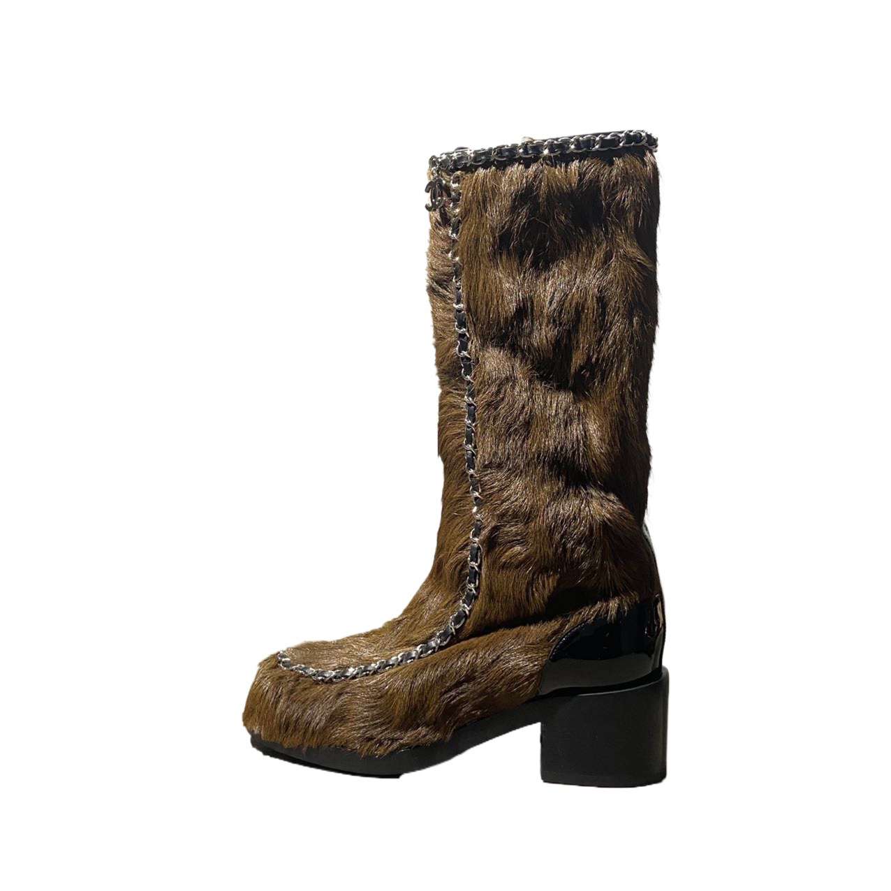 99新 Chanel/香奈儿 35.5码棕色长毛链条长筒靴 97新 re9353