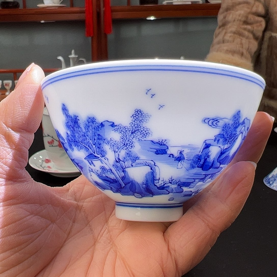 柴窑青花康熙山水鸡心杯