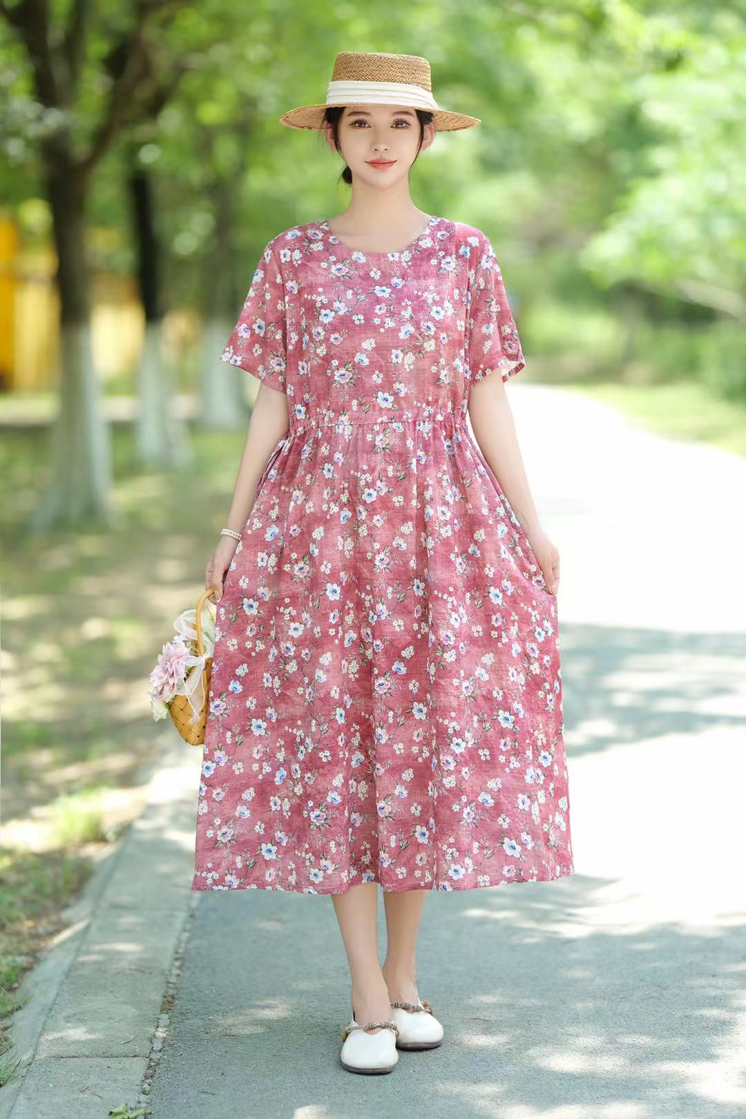 碎花夏季印花显瘦复古连衣裙妈妈装气质洋气过膝遮肚洋气中长款