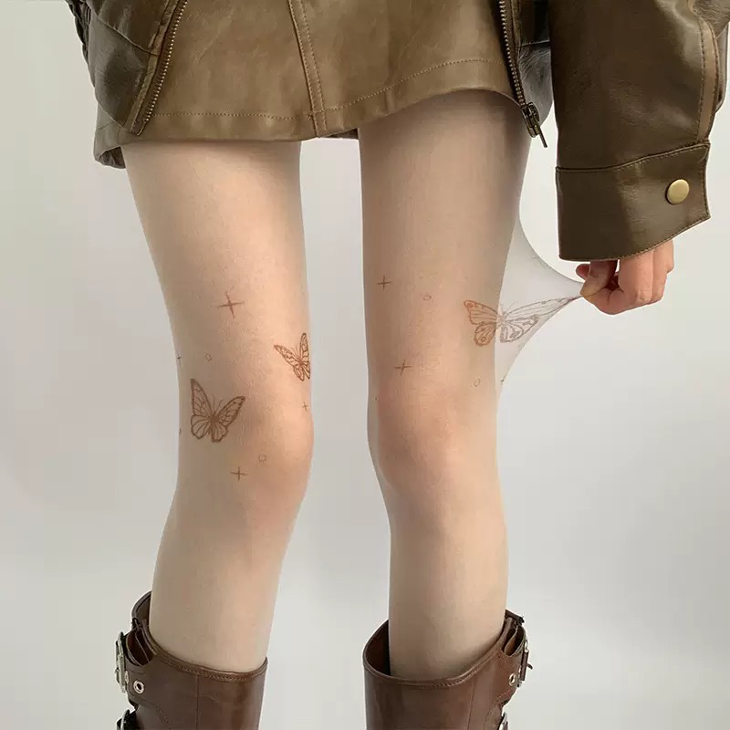 新款蝴蝶印花薄款连裤袜黑色性感辣妹风防勾丝打底袜子