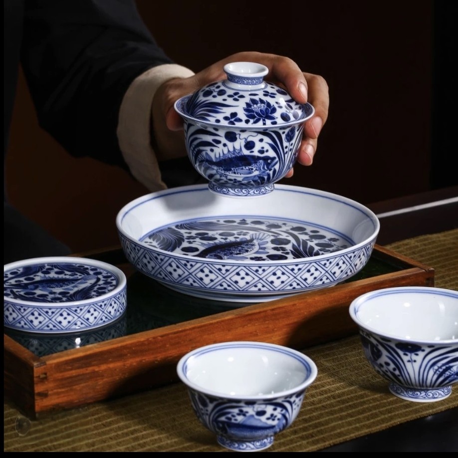 景德镇陶瓷玲珑瓷仿元青花釉下手工鱼藻纹中式套装高端送礼套装