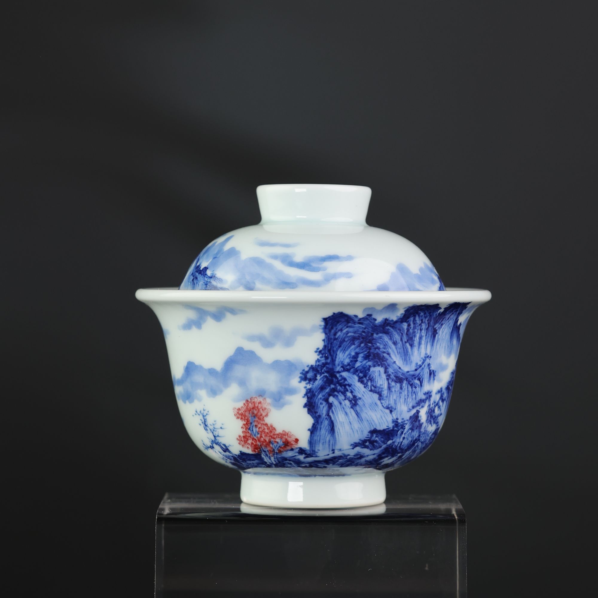 【阳春白雪】青花釉里红四季山水图盖碗 手绘 名窑 纯手工 复古 