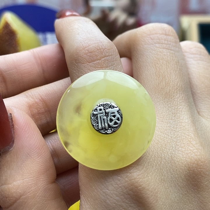 琥珀戒指银S925镶嵌戒指