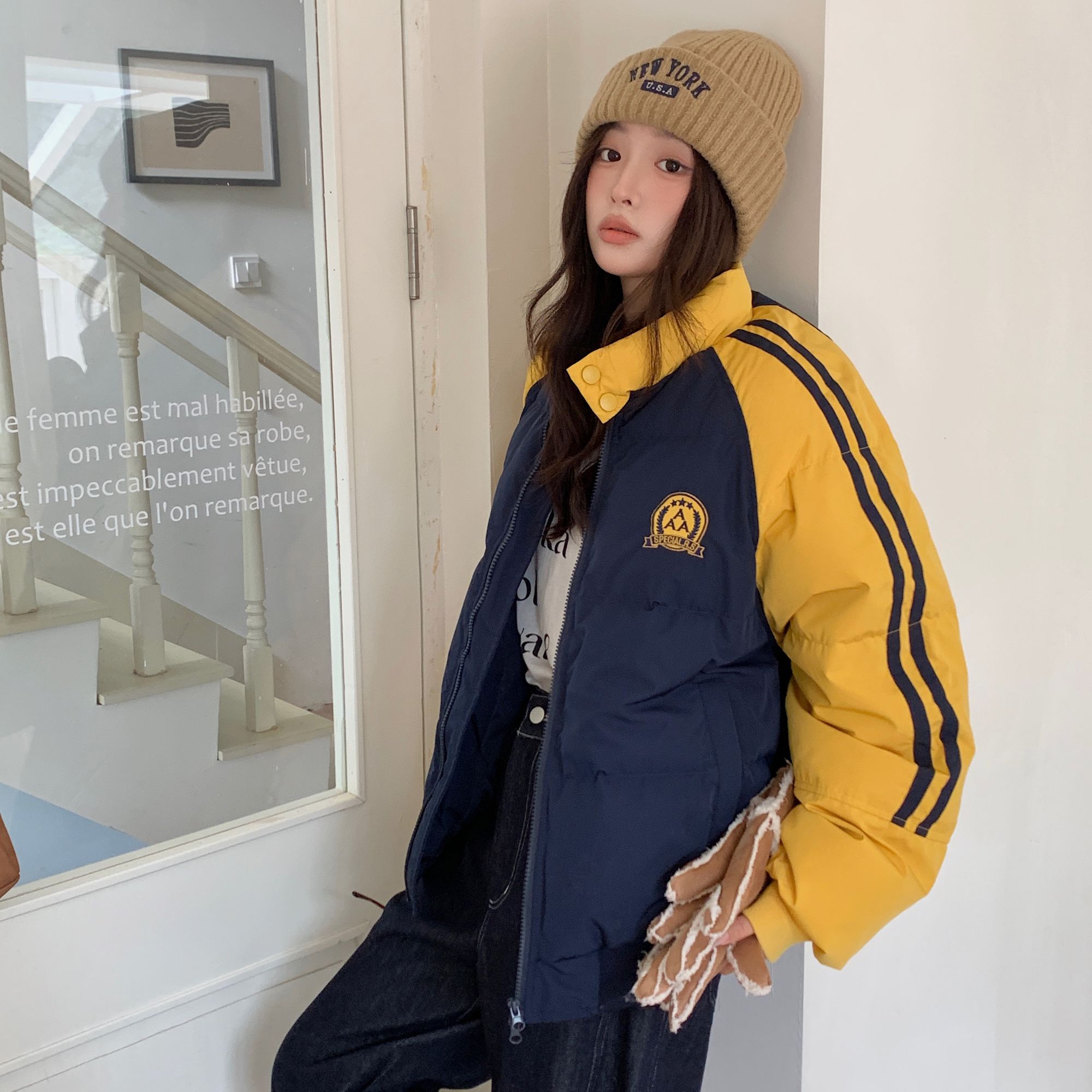 美式复古冬季新款甜美棉服拼接撞色面包服女宽松百搭棉袄上衣外套
