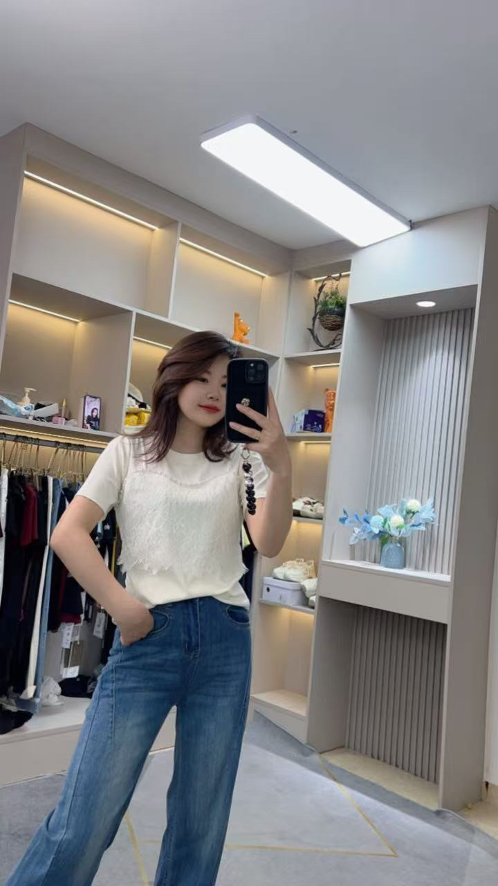 夏款百搭钉珠吊带蕾丝假两件上衣687