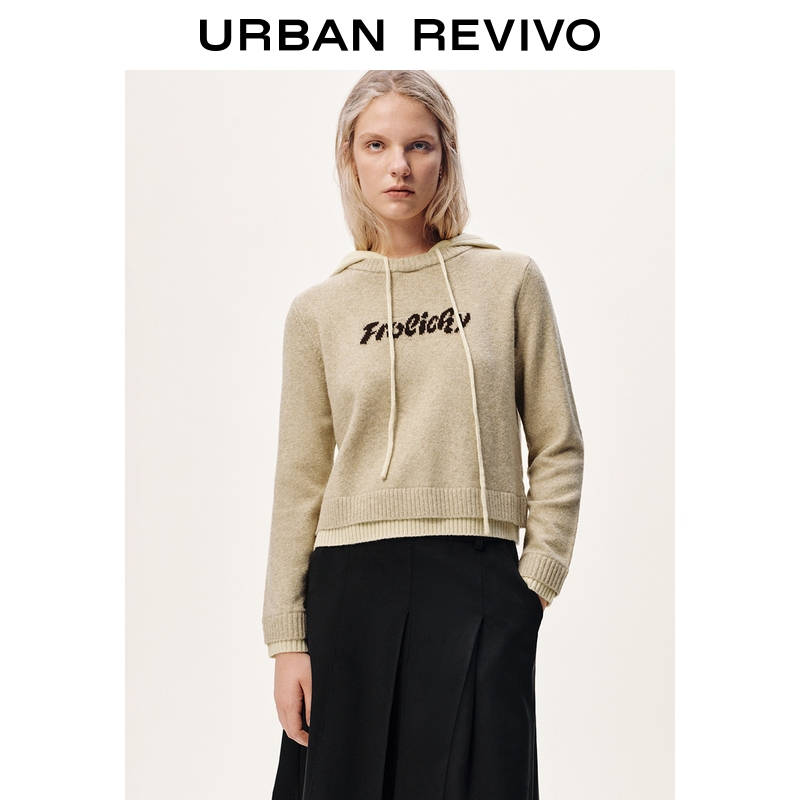 UR2025冬季新款女装休闲撞色假两件连帽抽绳针织衫UYL950222