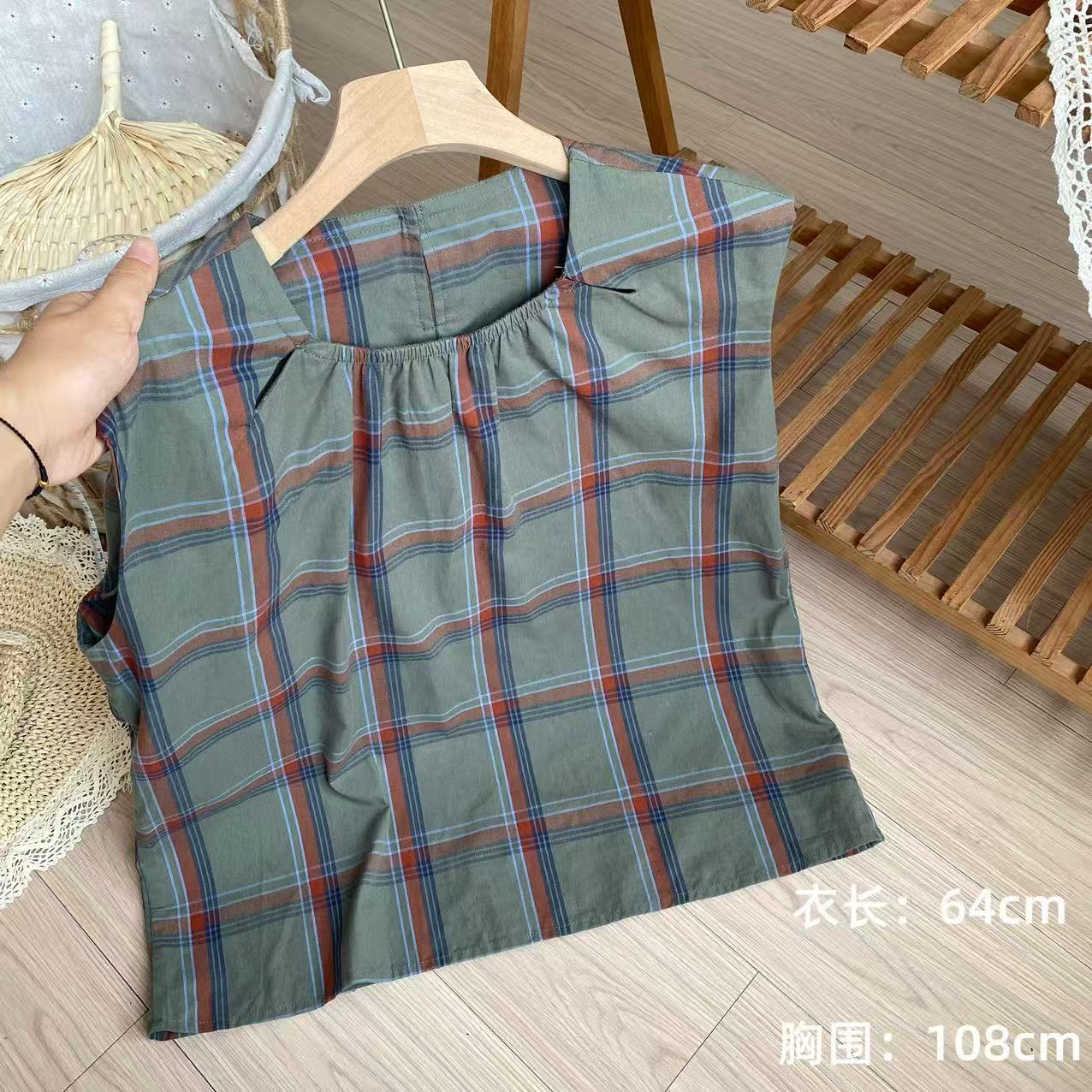 小柒家Y484-无袖夏季印染格子条纹衬衫格纹上衣