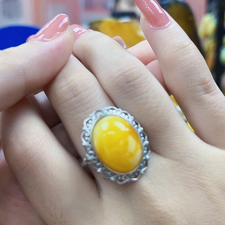 琥珀颈饰银S925镶嵌戒指