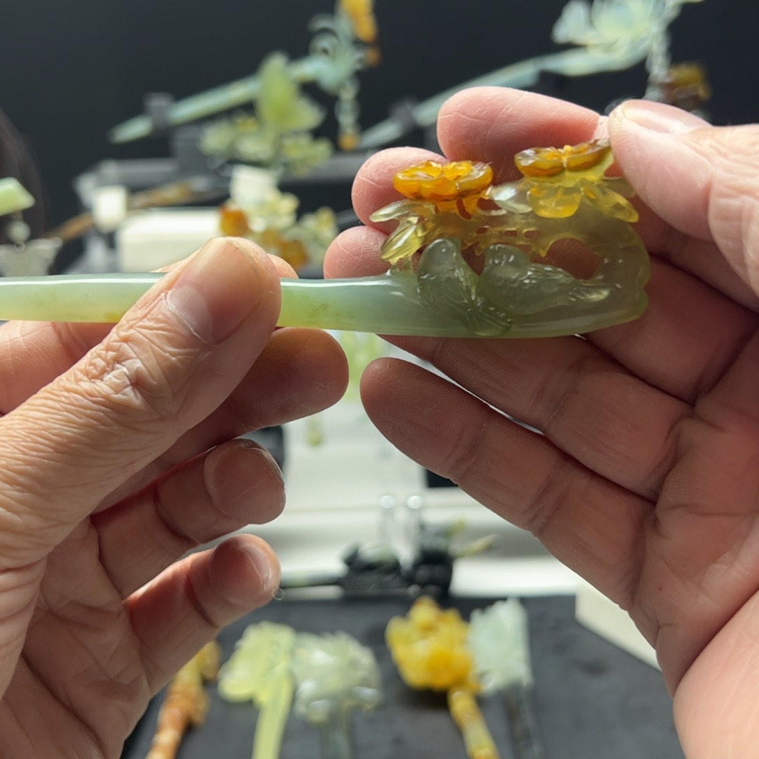 岫玉福利发簪足银镀金镶嵌