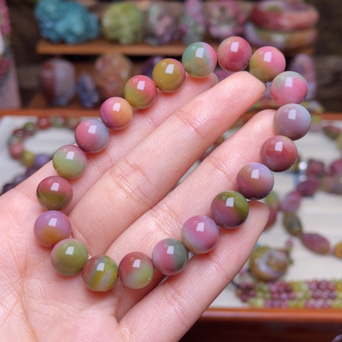 玛瑙/玉髓珠宝半成品未镶嵌细**晨盐源玛瑙炫彩彩虹手串