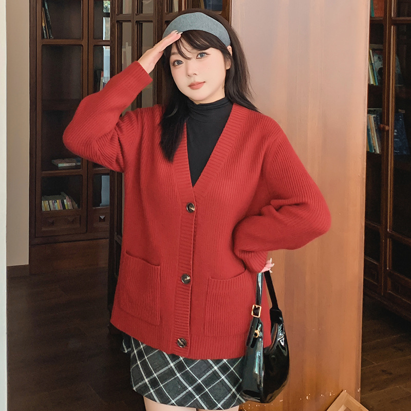 清*大码v领休闲宽松外套2024胖mm百搭温柔针织开衫女毛衣