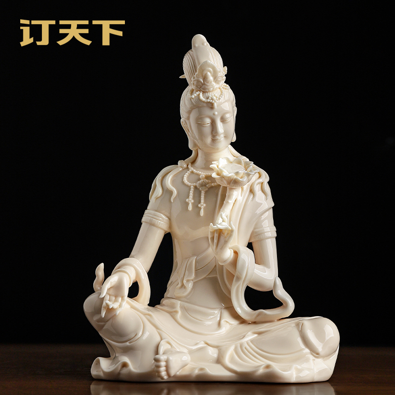 订天下莲花水月观音菩萨佛像陶瓷摆件家用客厅自在观音禅意装饰品
