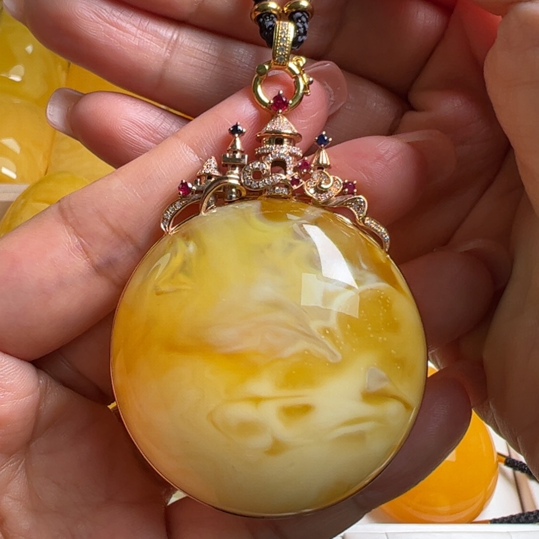 蜜蜡毛衣链18K金镶嵌无优化