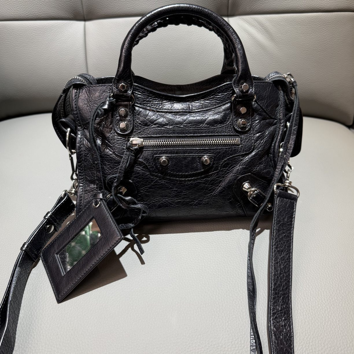 99新 Balenciaga/巴黎世家 巴黎世家黑银迷你机车包