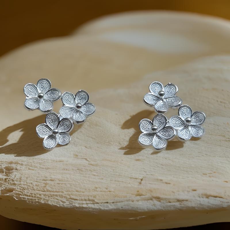 足银耳饰 足银耳钉 阿富手工足银花丝桃花耳钉 好看百搭