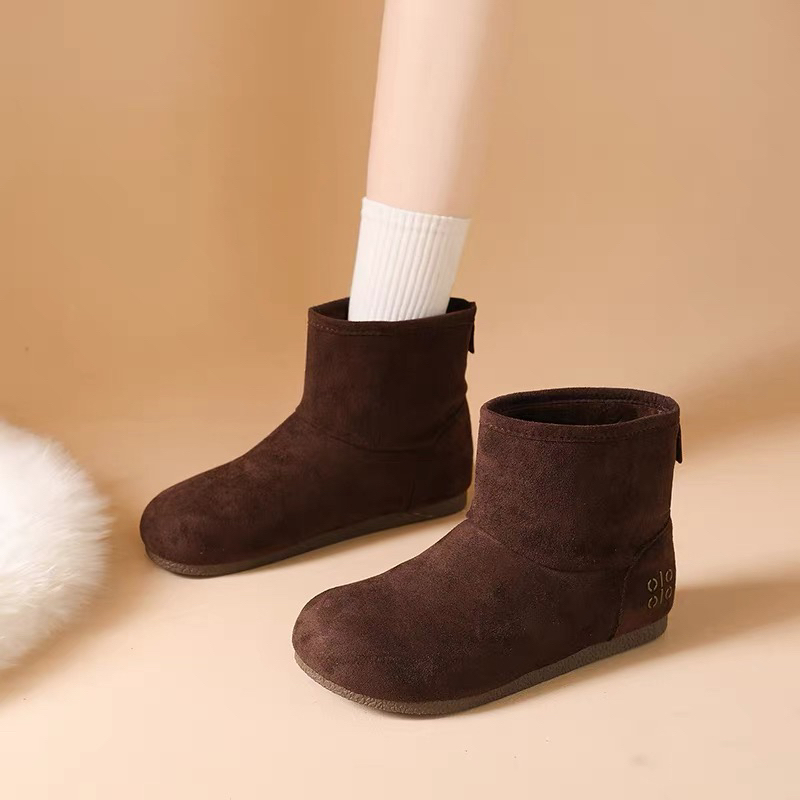 加绒保暖短靴女冬季靴平底软底雪地靴配裙子美拉德勃肯靴