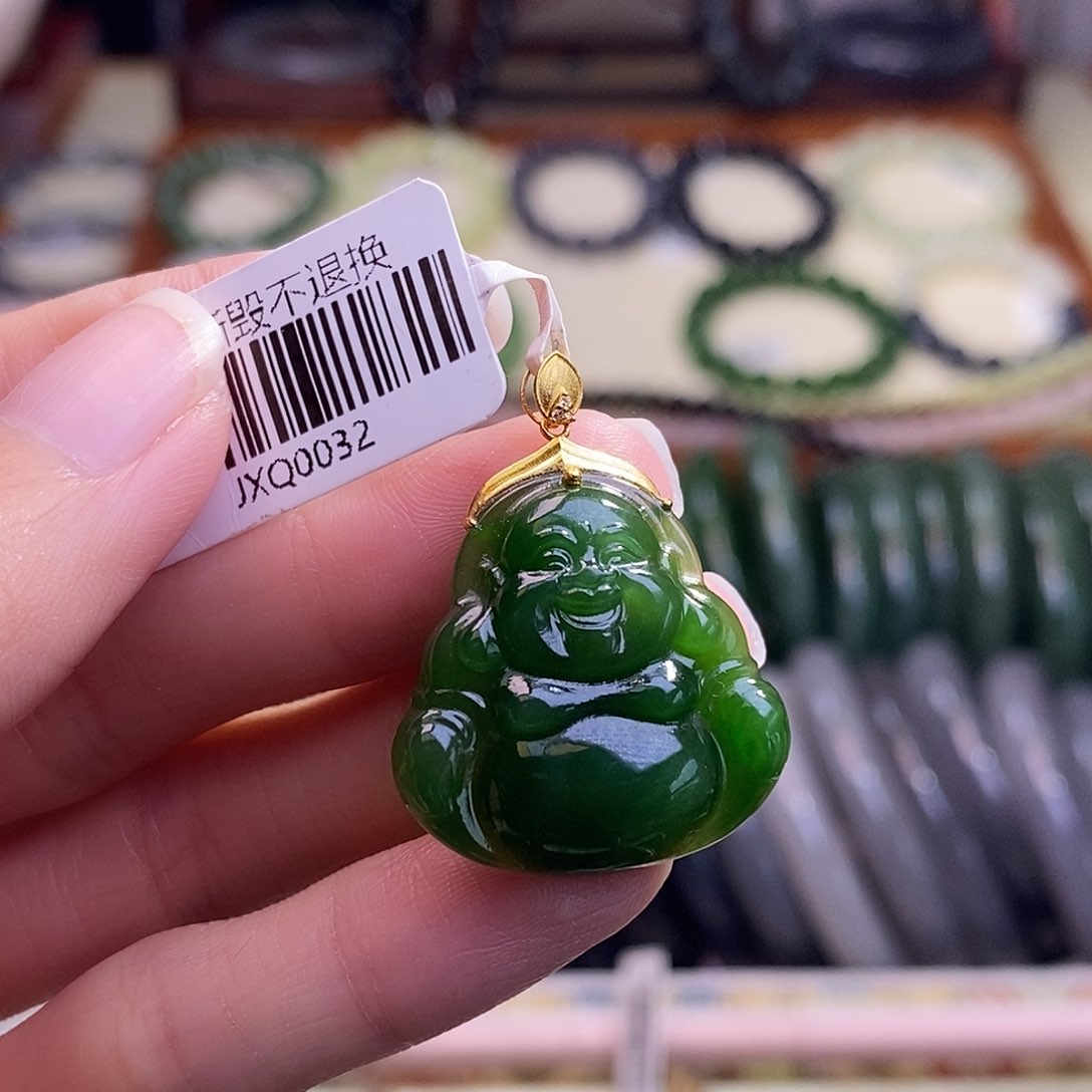 颈饰未镶嵌和田玉碧玉金镶佛公吊坠