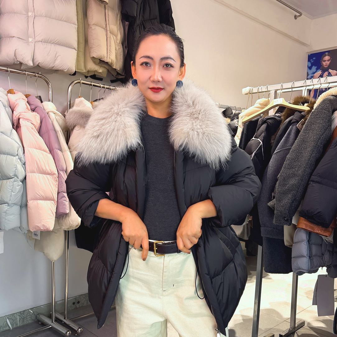 新款韩系大毛领收腰加厚白鸭绒女士冬季中长款羽绒服