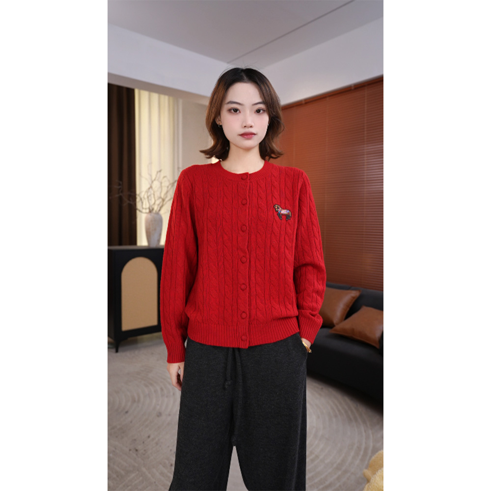 YIANYAN【发财马】女士圆领宽松麻花纯羊毛针织开衫上衣