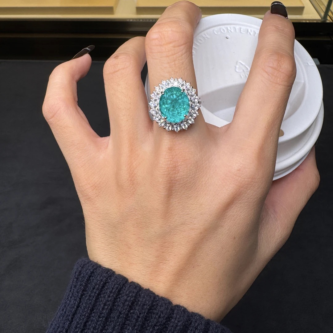 新款冰裂碧玺帕拉伊巴马尔代夫蓝绿色925开口戒12001