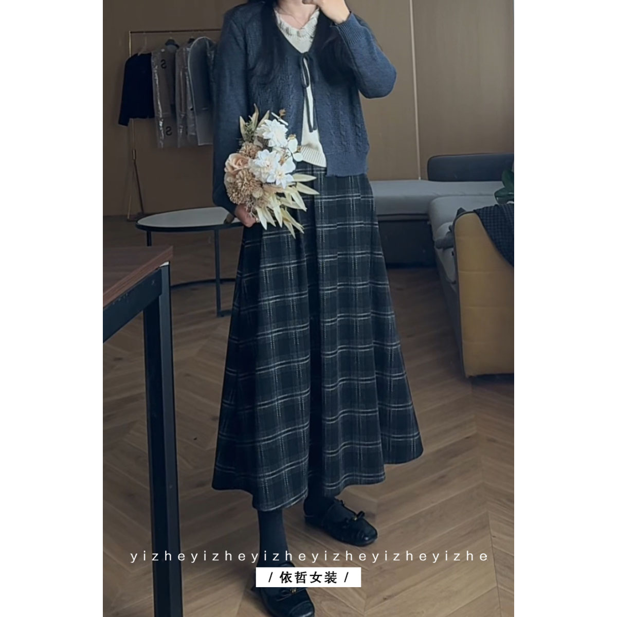 “”灰调大格“”格子半身裙厚款女秋冬呢半身裙显瘦A字半身裙
