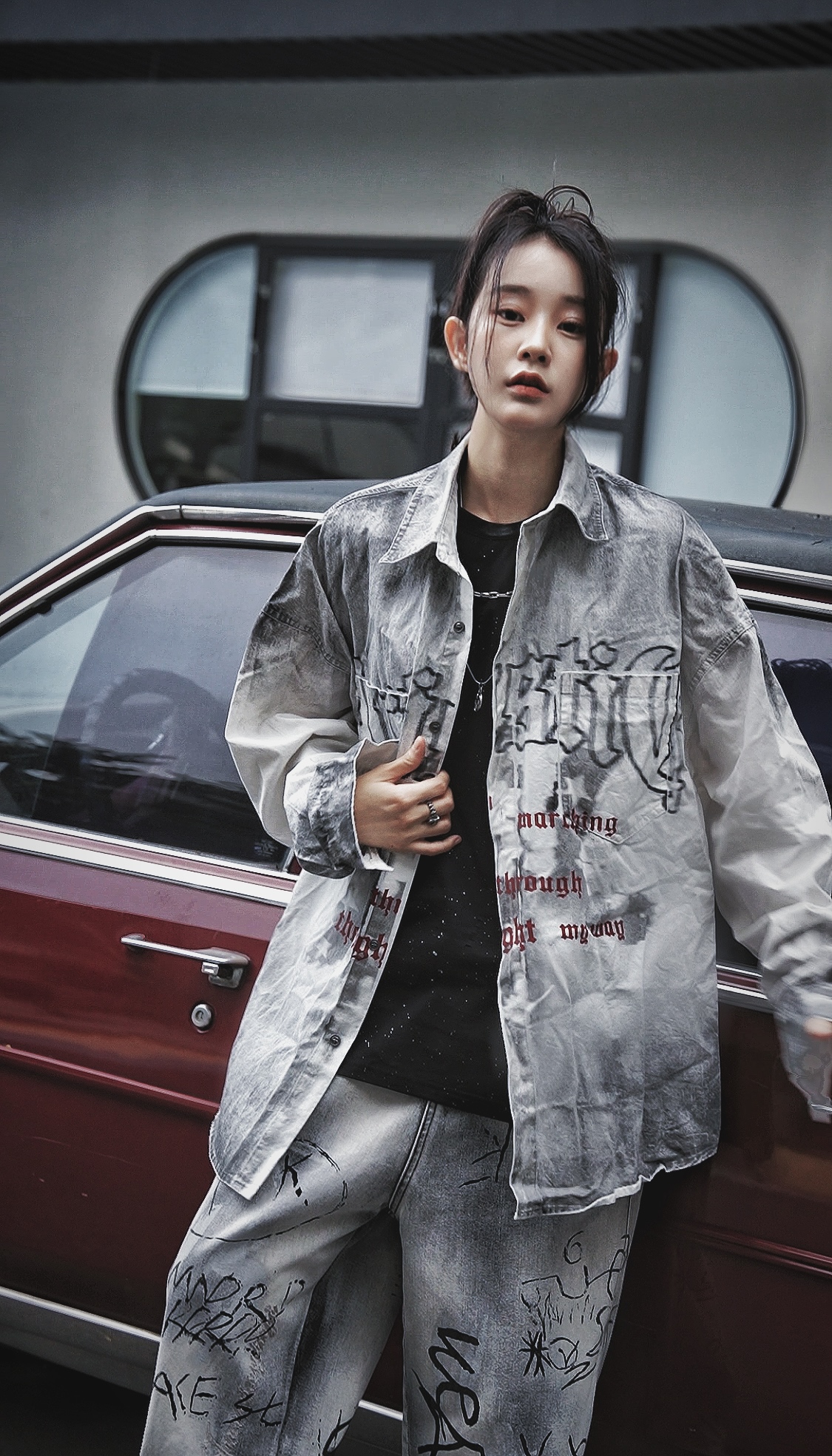 NY美式高街做旧喷漆渐变小众长袖男夏季潮牌街头设计感长袖t恤