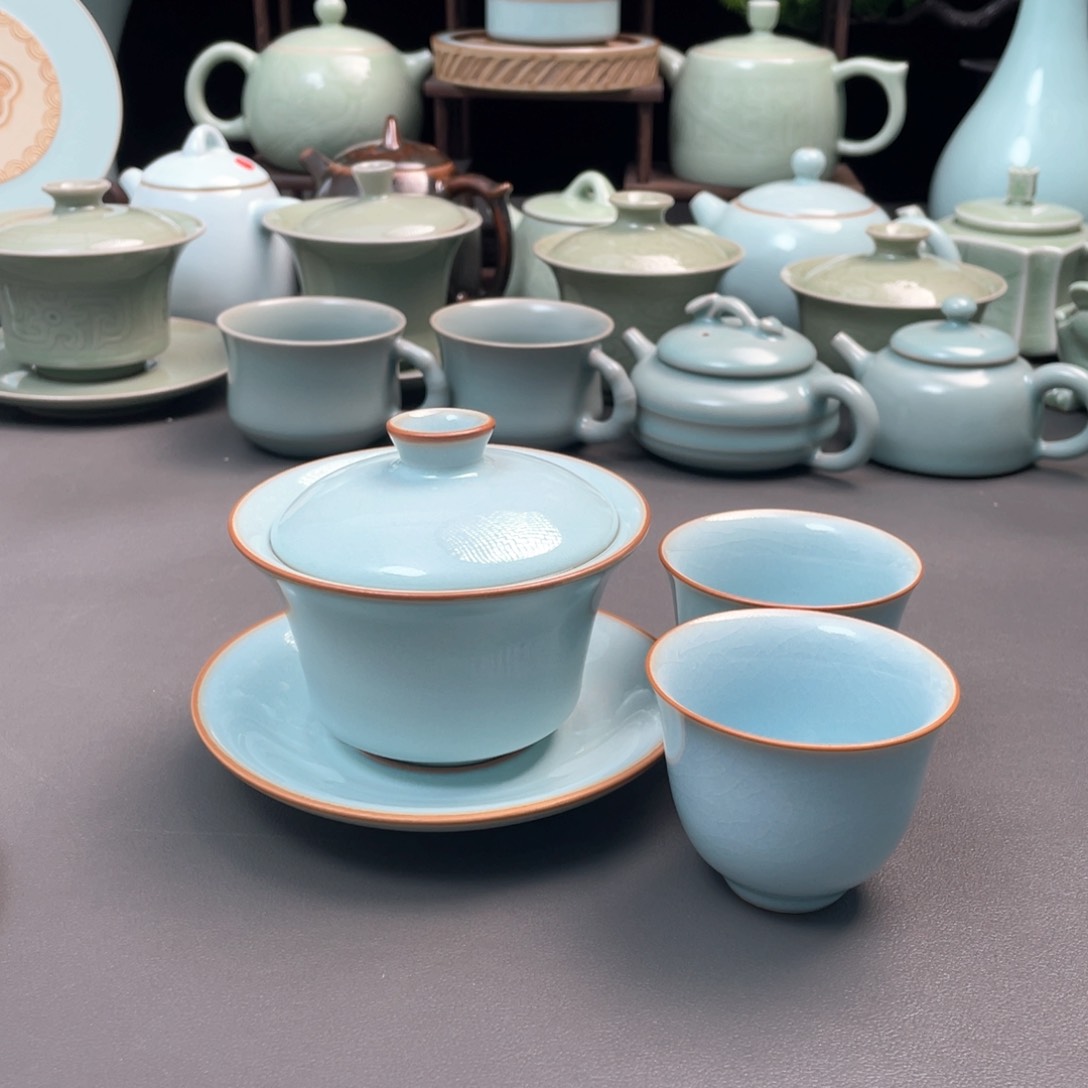 杯天青马蹄盖碗三件套简包装