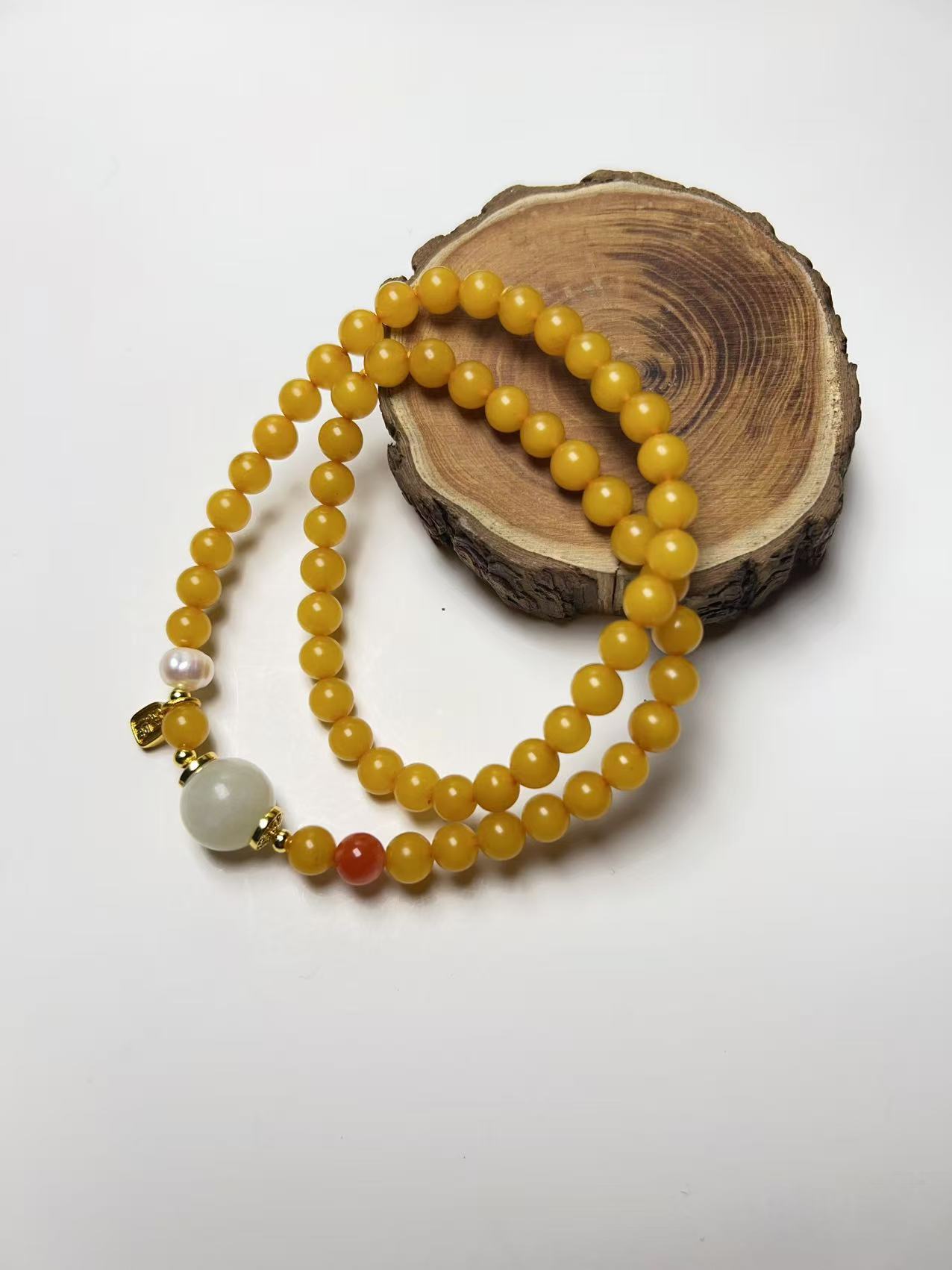 1182- [蜜蜡+和田玉] 双圈手串约5+(拍一发一多样性发货)