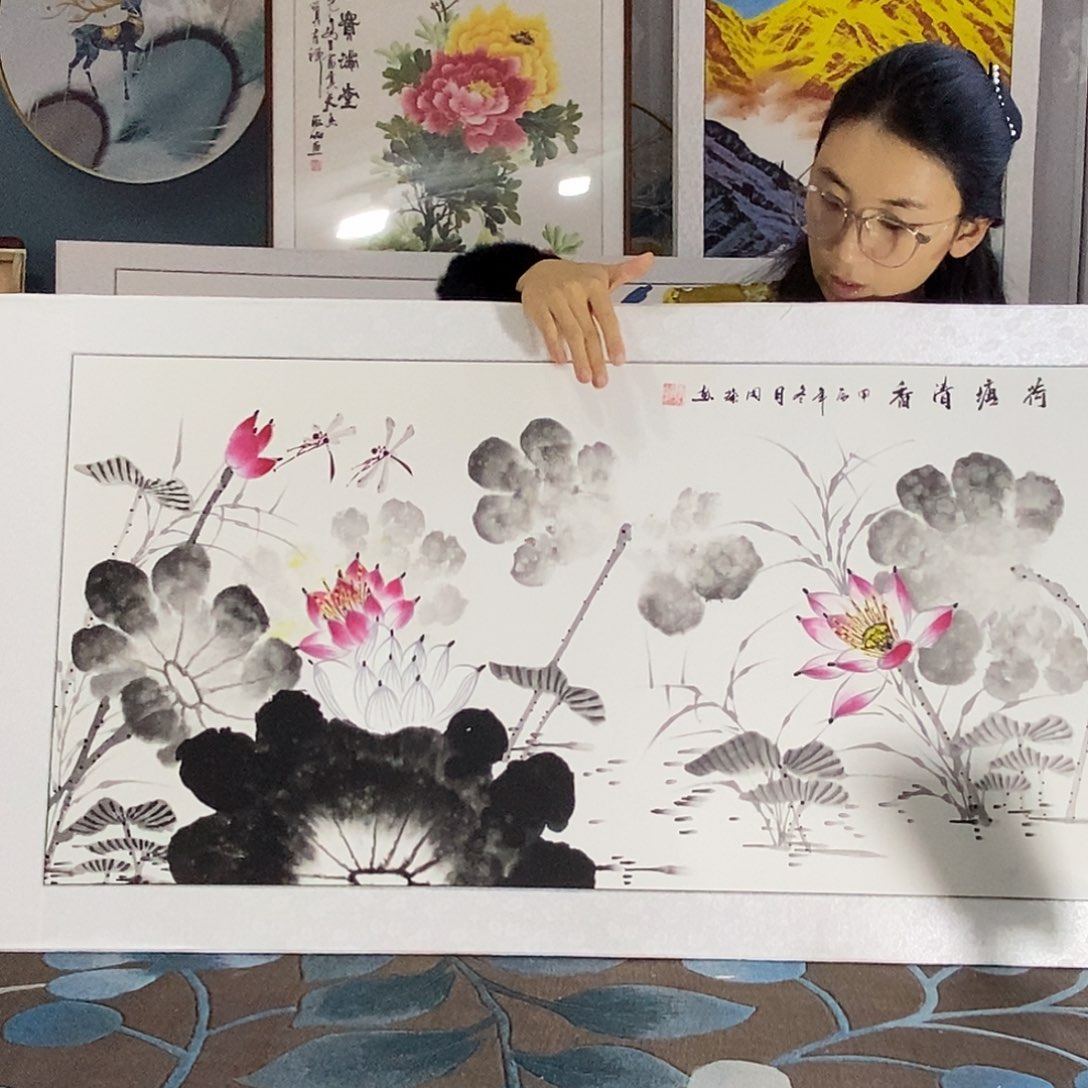 国画手写手绘国画作品带框包邮62✖️122