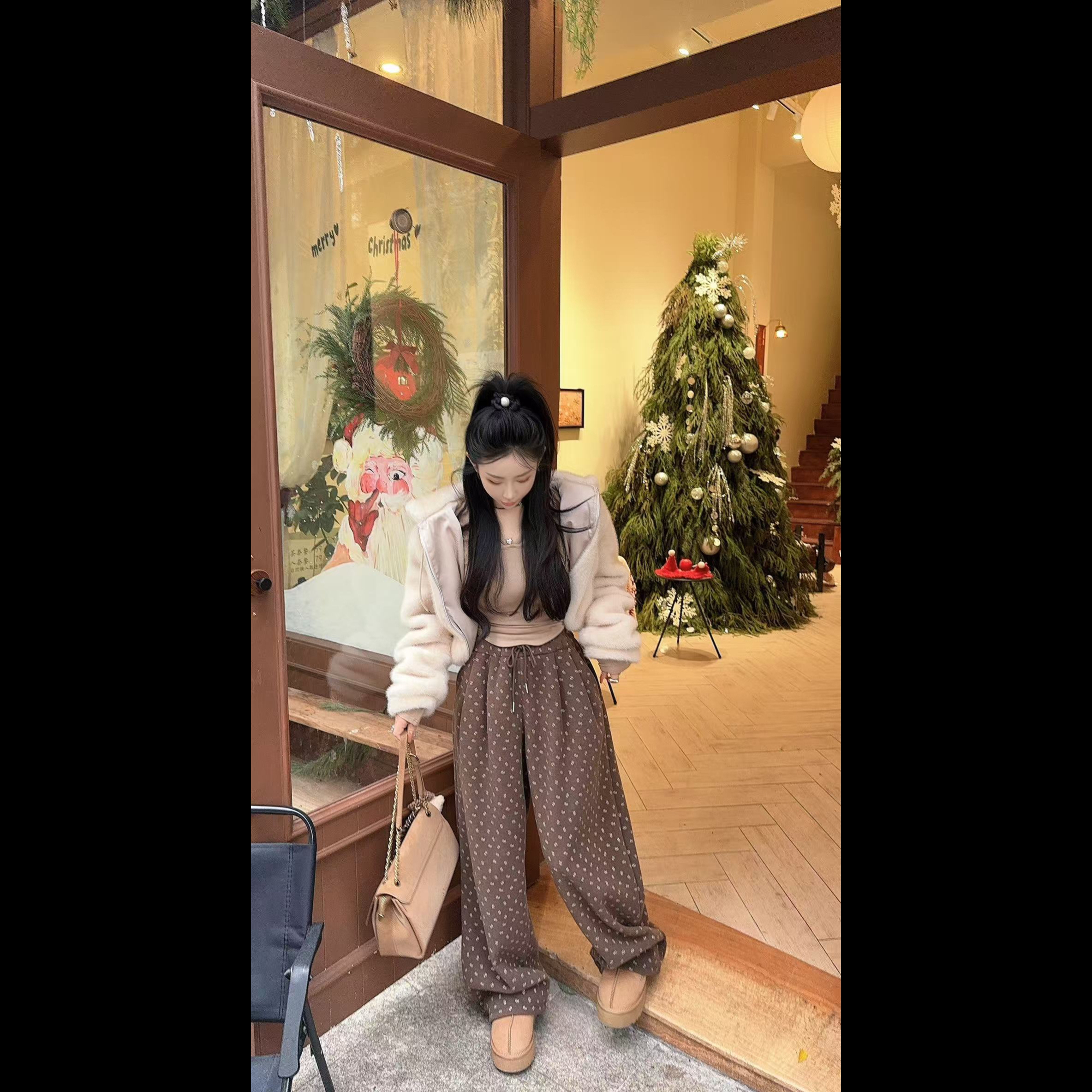 LIN-【韩系慵懒风】复古提花加绒宽松阔腿裤