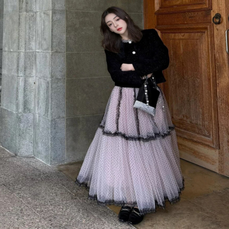 法式甜美波点拼接网纱半身裙蓬蓬小伞裙高腰大摆长裙女春夏新款