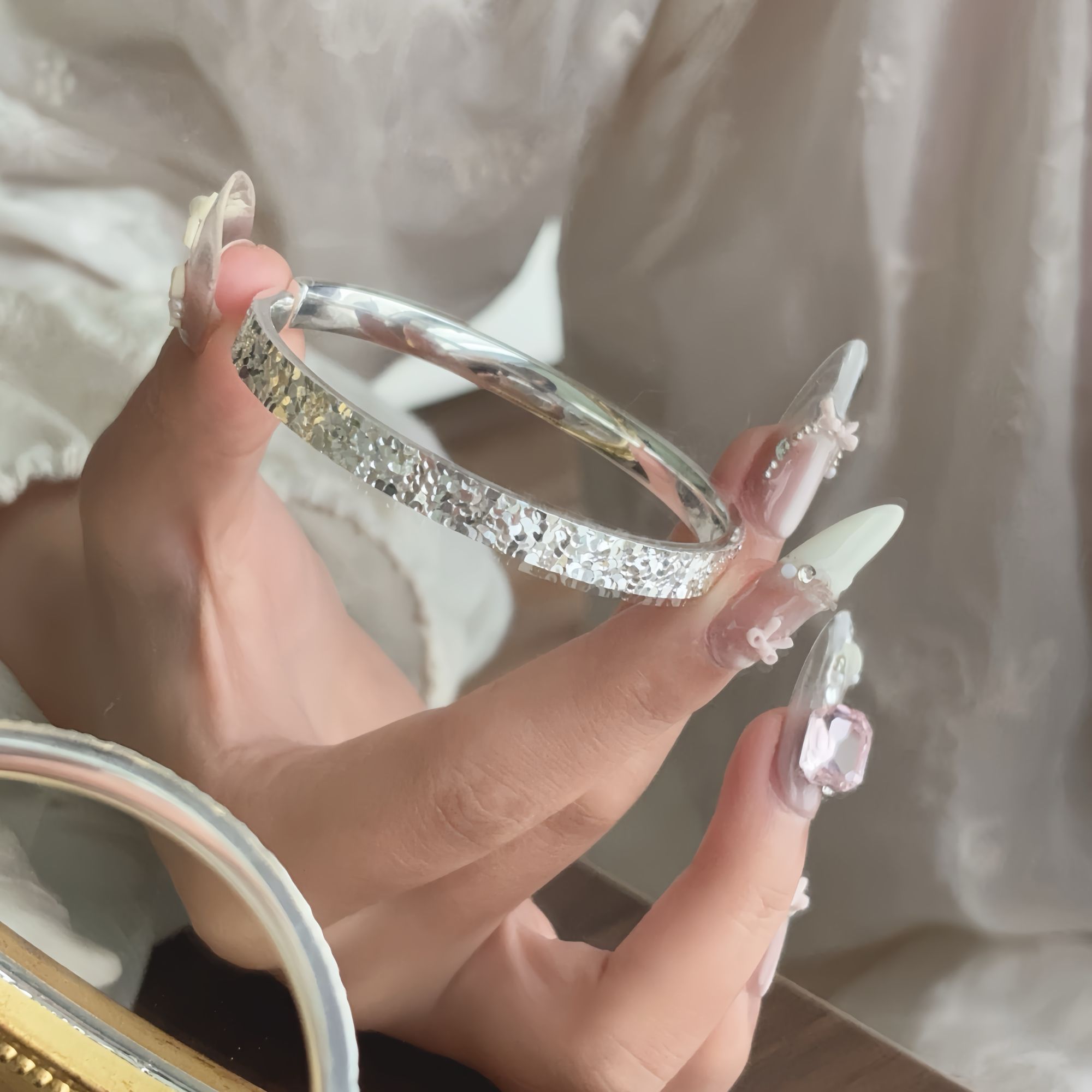 足银手镯 碎冰冰开口银手镯-纯银足银999.9网红爆闪闭口波光粼
